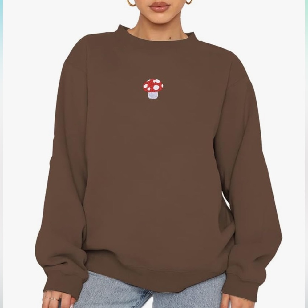 NWOT | Cute Mushroom Embroidered Sweatshirt Fleece Lined Casual Oversized
